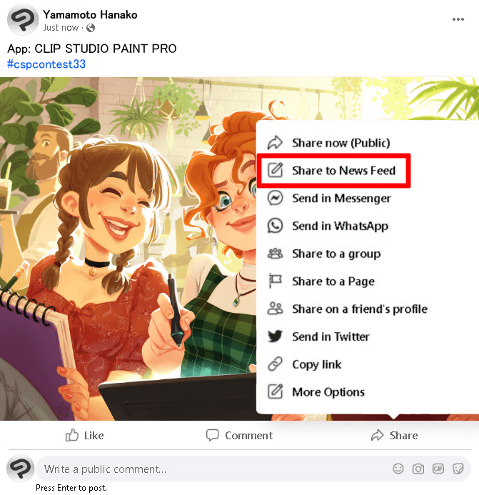 Example of Facebook entry